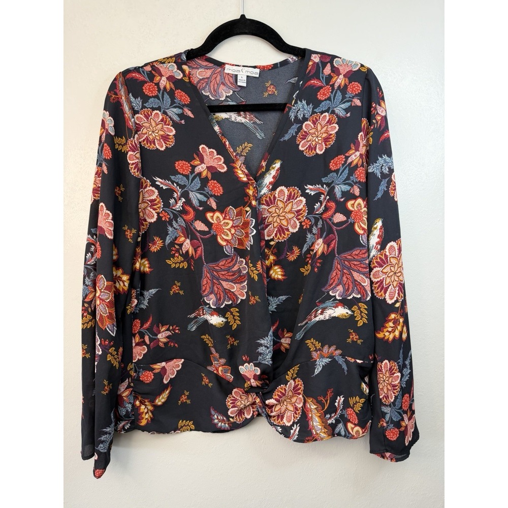 Moa Moa Faux Wrap Blouse W‎ Bird/floral Print V Neck Size L